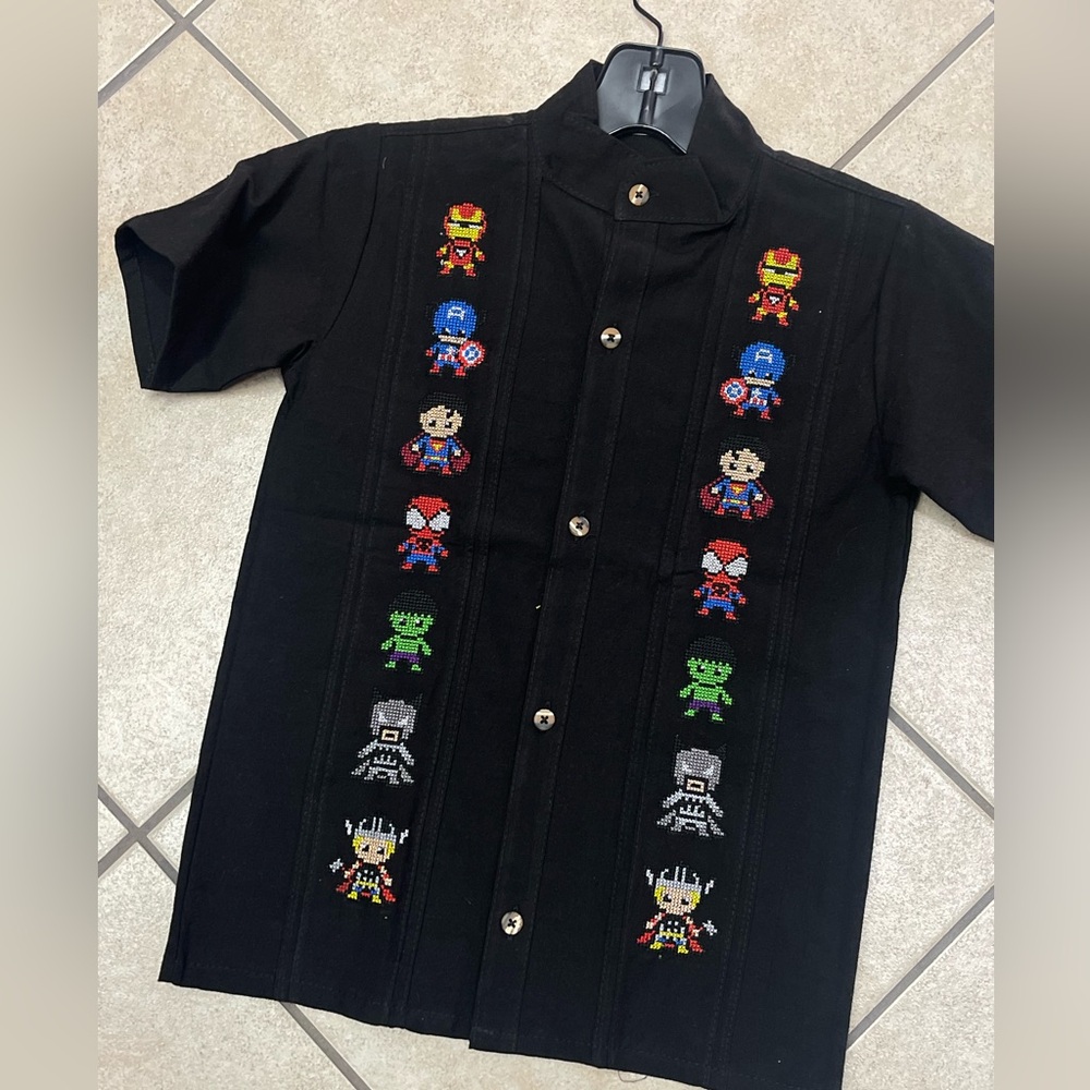 Superhero Embroidered Black Linen Boys Guayabera Button-Down Shirt